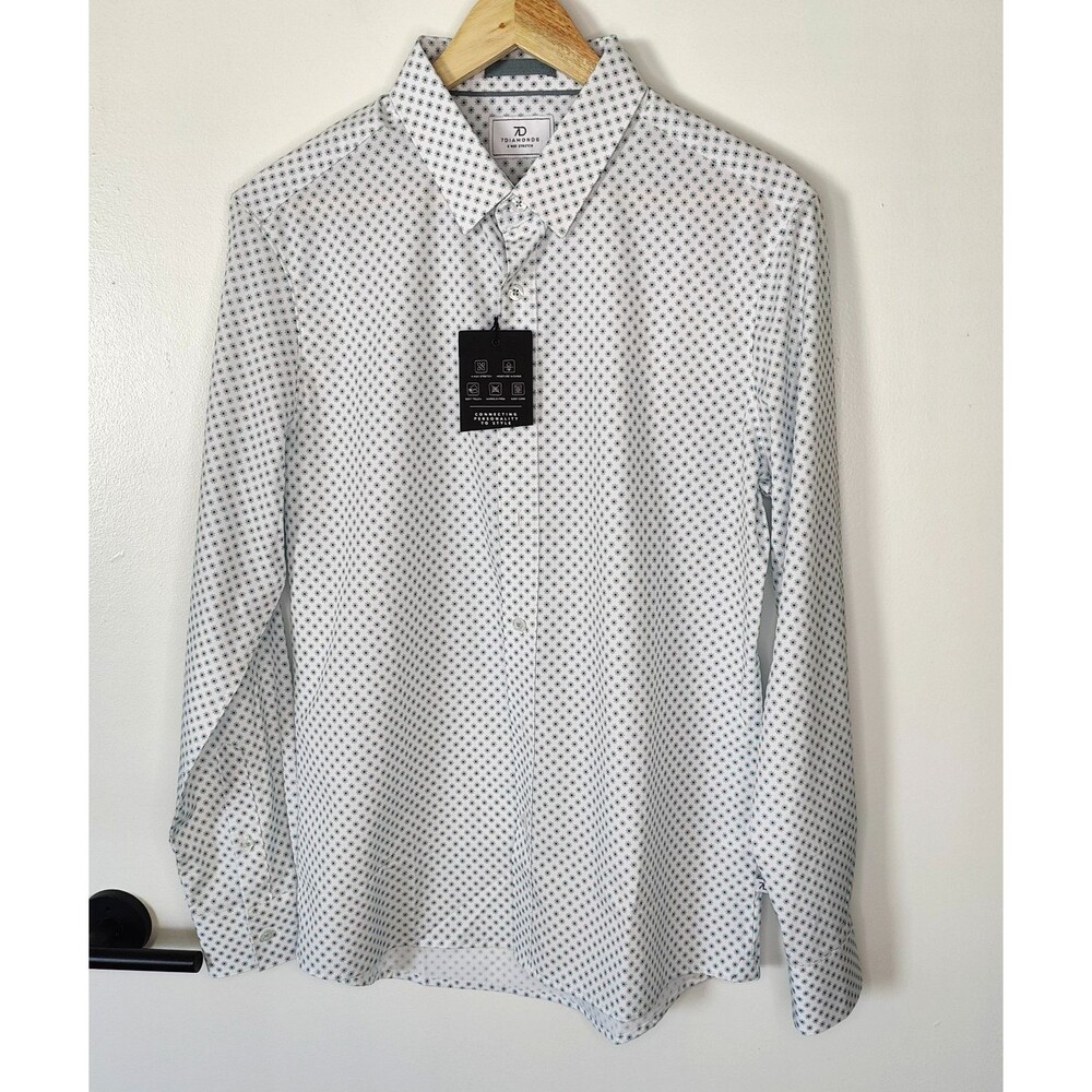 New 7 Diamonds 4-Way Stretch Shirt Mens Small White Geometric Maxon Button Down